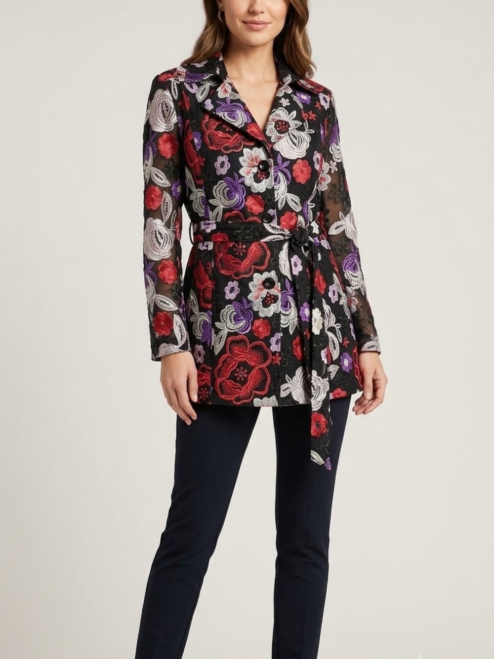 INC International Concepts Black Floral Embroidered Belted Blazer Only